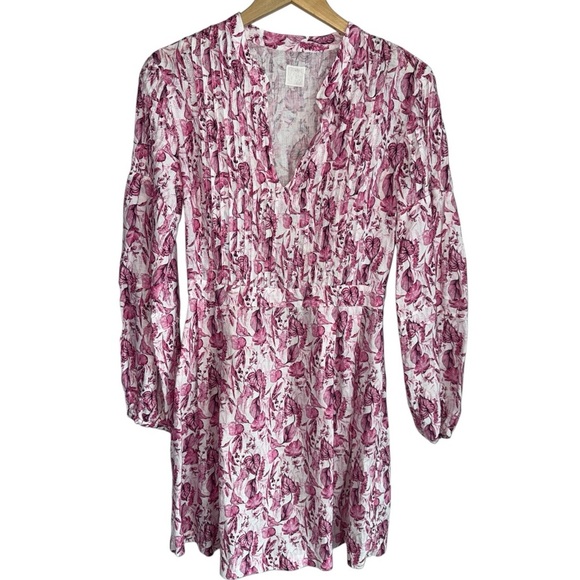120% LINO |  Luxury Linen Long Sleeve Mini Dress | Pink+White Floral IT 40/Small - Picture 1 of 10